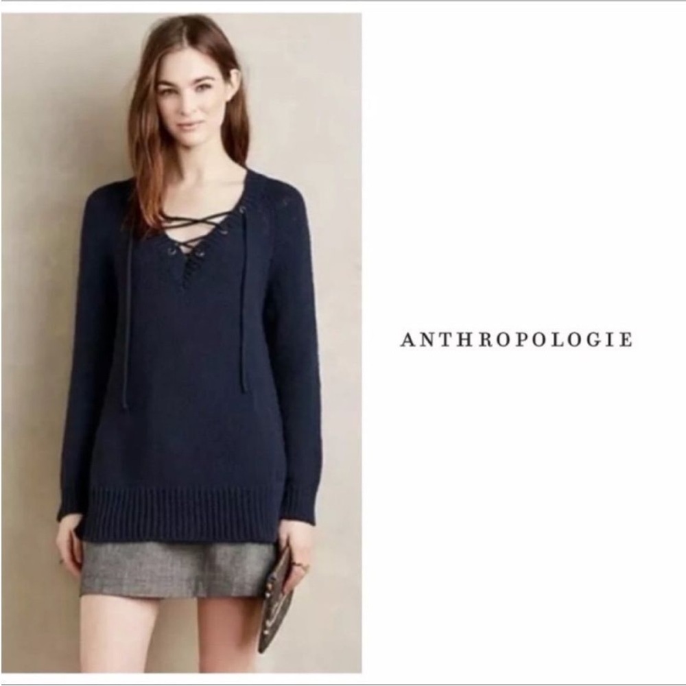 Anthropologie Moth Navy Asbury Laced Open Knit Sweater. Size Medium.
